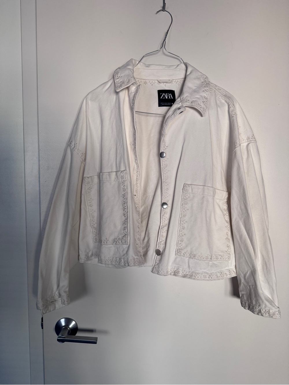 ZARA Cream Embroidered Cotton Jean Jacket